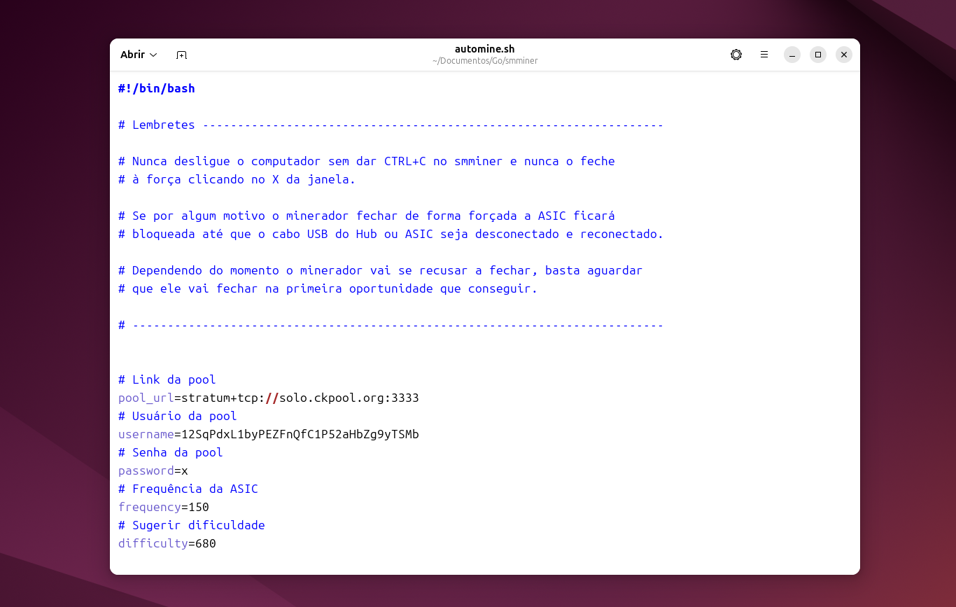Arquivo automine.sh aberto no editor de texto, com as variáveis pool_url, username, password, frequency e difficulty