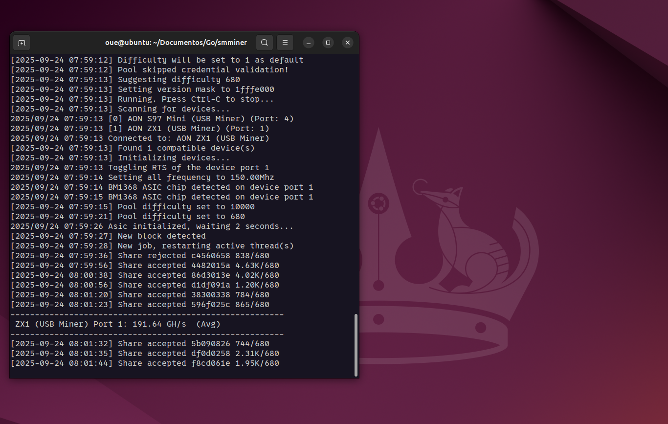 Janela do terminal com o smminer rodando: dispositivos detectados, BM1368 reconhecido e shares aceitas