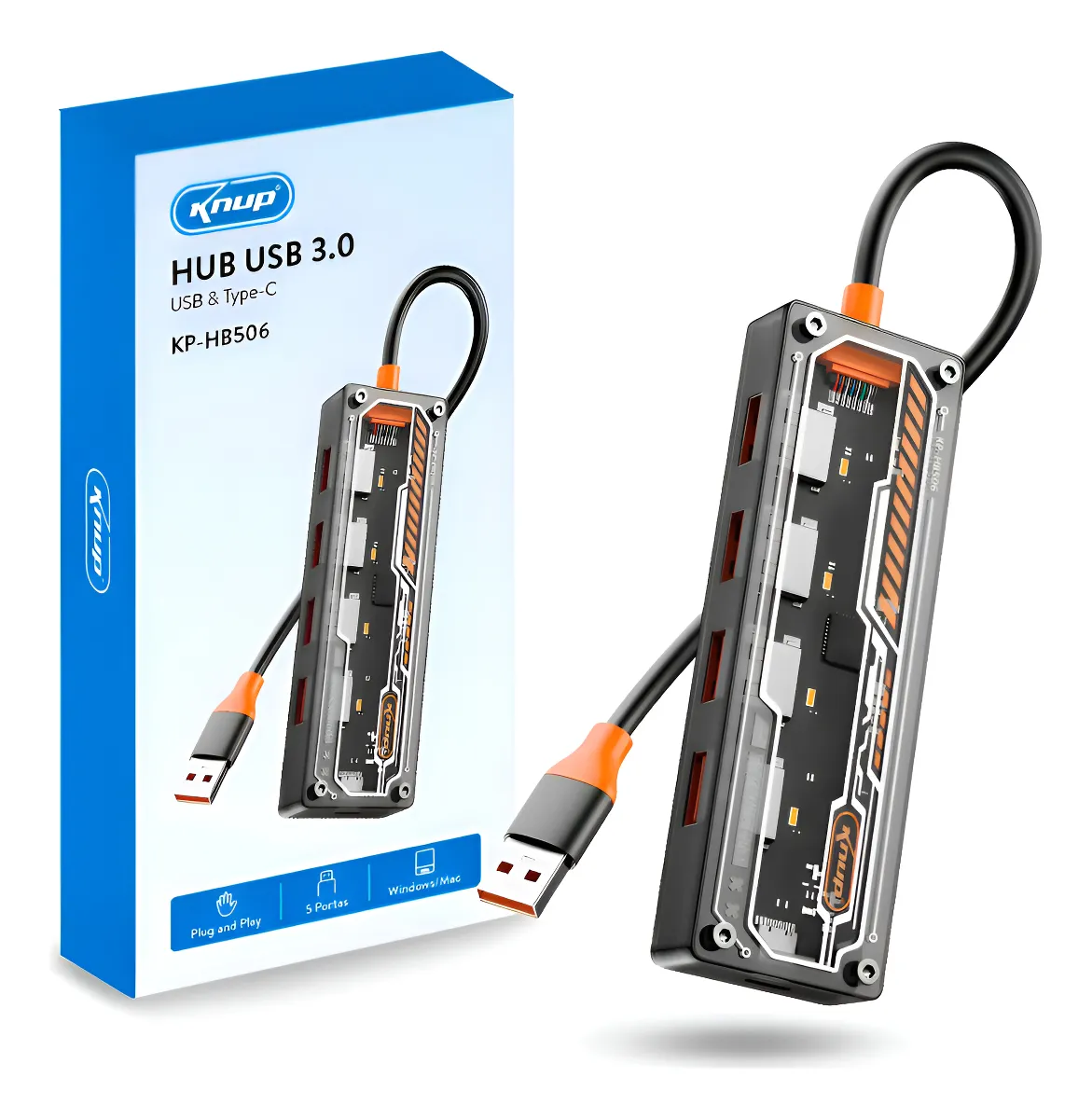 HUB USB 3.0 Knup KP-HB506, com cabo USB e alimentação Tipo C